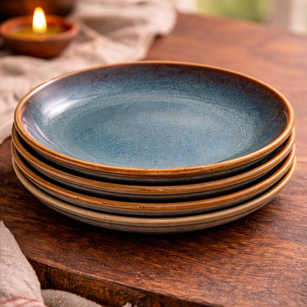 Kunhar Ceramic Dinner Plates Set of 4, 10 Inch | Ocean Teal Reactive Glaze with Brown Rim | Premium Stoneware | Microwave & Dishwasher Safe | Serving Plates for Dinner, Pasta & Salad - Image 8