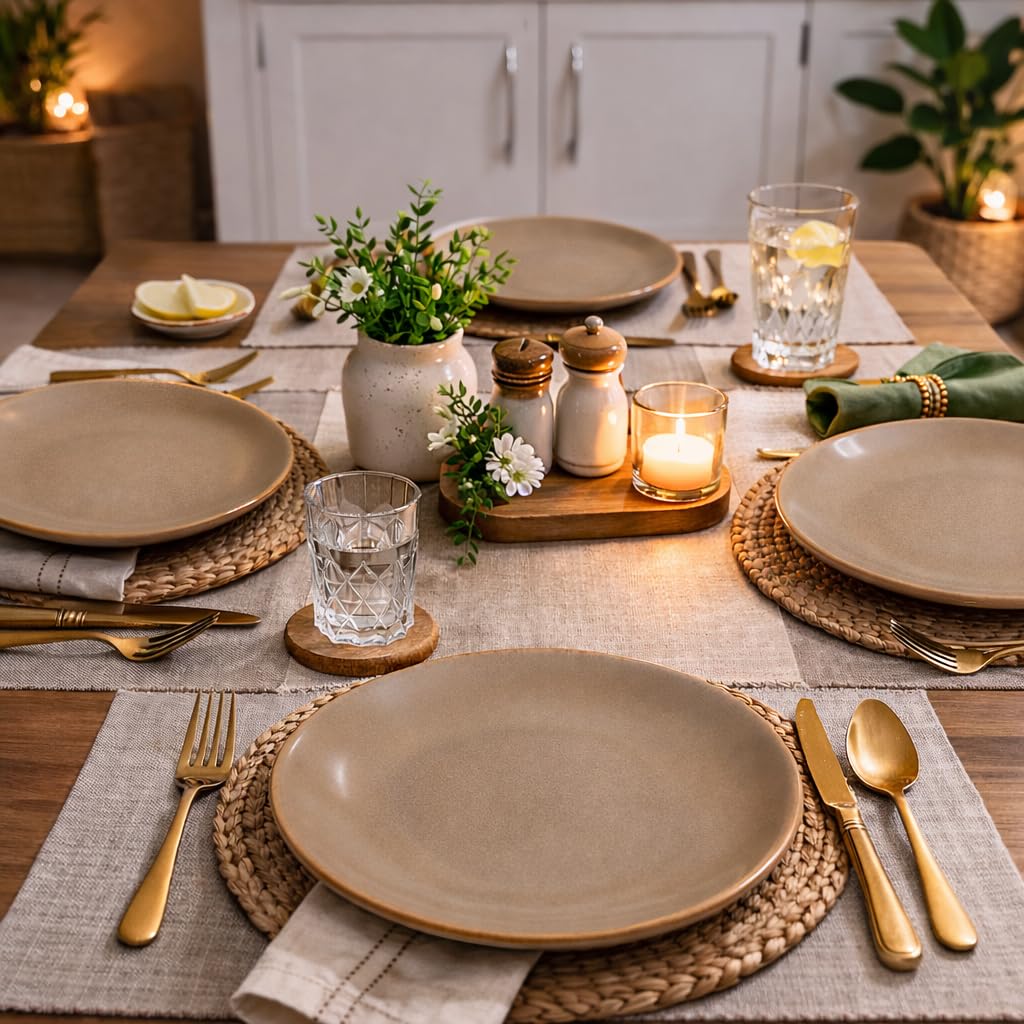 Kunhar Ceramic Dinner Plates Set of 4, 10 Inch | Rustic Ivory Speckled Finish with Brown Rim | Premium Glazed Stoneware | Microwave & Dishwasher Safe | Dinner, Pasta & Salad Serving Plates - Image 3