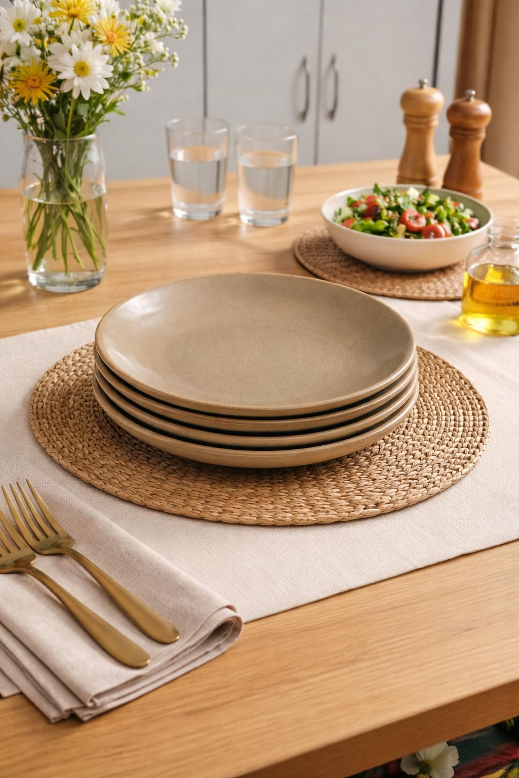 Kunhar Ceramic Dinner Plates Set of 4, 10 Inch | Rustic Ivory Speckled Finish with Brown Rim | Premium Glazed Stoneware | Microwave & Dishwasher Safe | Dinner, Pasta & Salad Serving Plates - Image 4