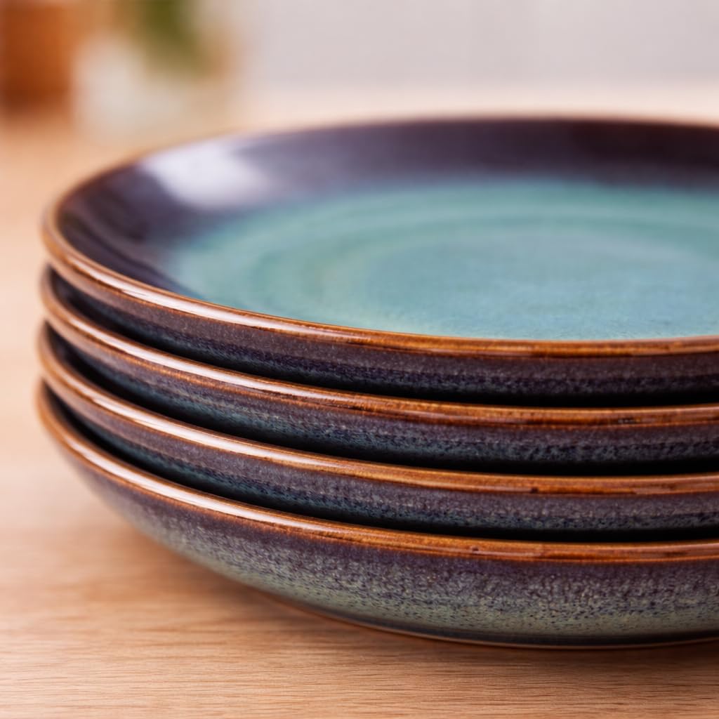 Kunhar Ceramic Dinner Plates Set of 4, 10 Inch | Blue Green Rustic Glaze with Dark Brown Rim | Premium Stoneware | Microwave & Dishwasher Safe | Serving Plates for Dinner, Pasta & Salad - Image 2