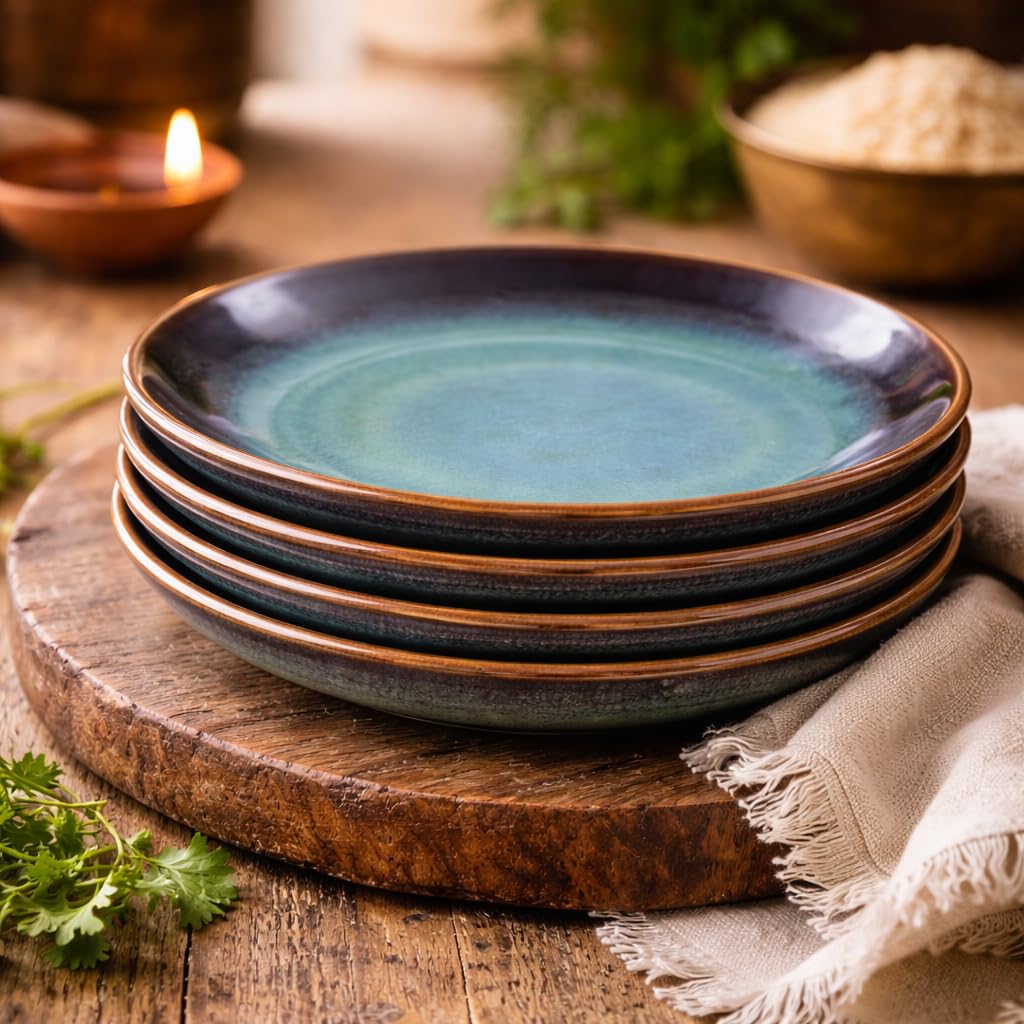 Kunhar Ceramic Dinner Plates Set of 4, 10 Inch | Blue Green Rustic Glaze with Dark Brown Rim | Premium Stoneware | Microwave & Dishwasher Safe | Serving Plates for Dinner, Pasta & Salad - Image 3