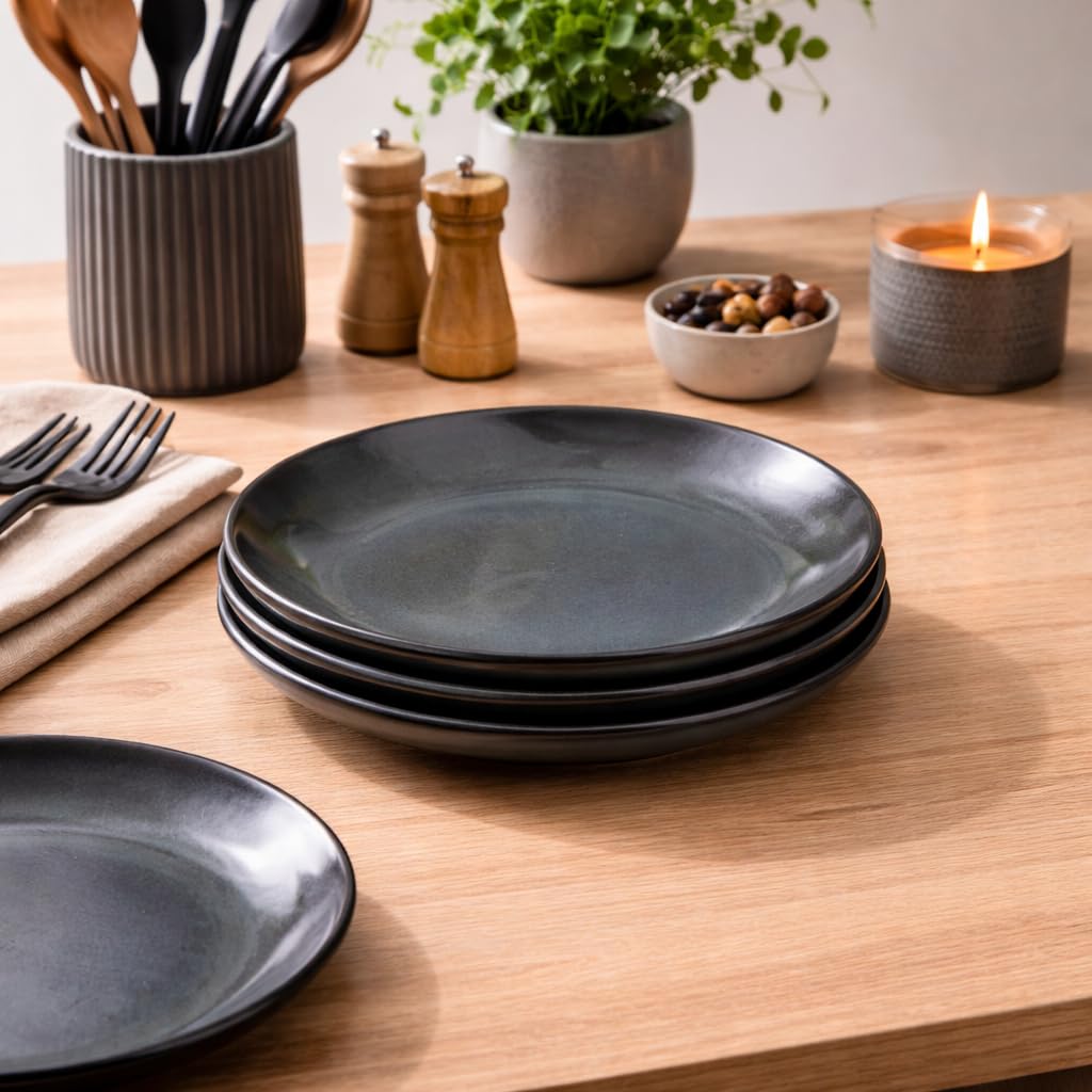 Kunhar Deep Pasta Plates Set of 4, 10 Inch | Ocean Teal Reactive Glaze with Dark Brown Rim | Premium Stoneware | Microwave & Dishwasher Safe | Deep Serving Plates for Pasta, Salad & Dinner - Image 2