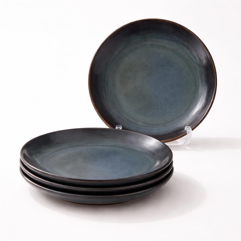 Kunhar Deep Pasta Plates Set of 4, 10 Inch | Ocean Teal Reactive Glaze with Dark Brown Rim | Premium Stoneware | Microwave & Dishwasher Safe | Deep Serving Plates for Pasta, Salad & Dinner - Image 3