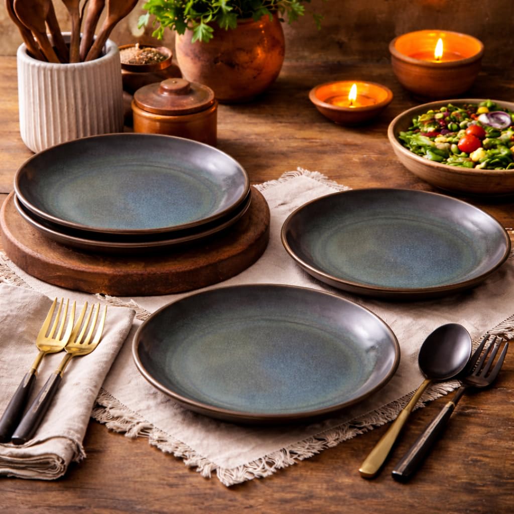 Kunhar Deep Pasta Plates Set of 4, 10 Inch | Ocean Teal Reactive Glaze with Dark Brown Rim | Premium Stoneware | Microwave & Dishwasher Safe | Deep Serving Plates for Pasta, Salad & Dinner - Image 6