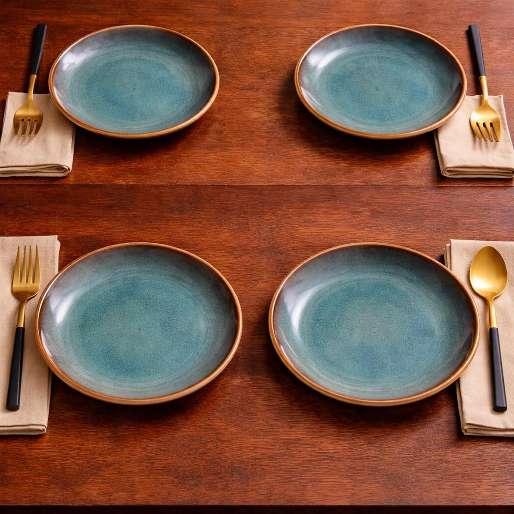 Kunhar Ceramic Dessert & Snack Plates Set of 4, 7 Inch | Ocean Teal Reactive Glaze with Brown Rim | Premium Stoneware | Microwave & Dishwasher Safe | Small Plates for Snacks, Salad & Breakfast - Image 2