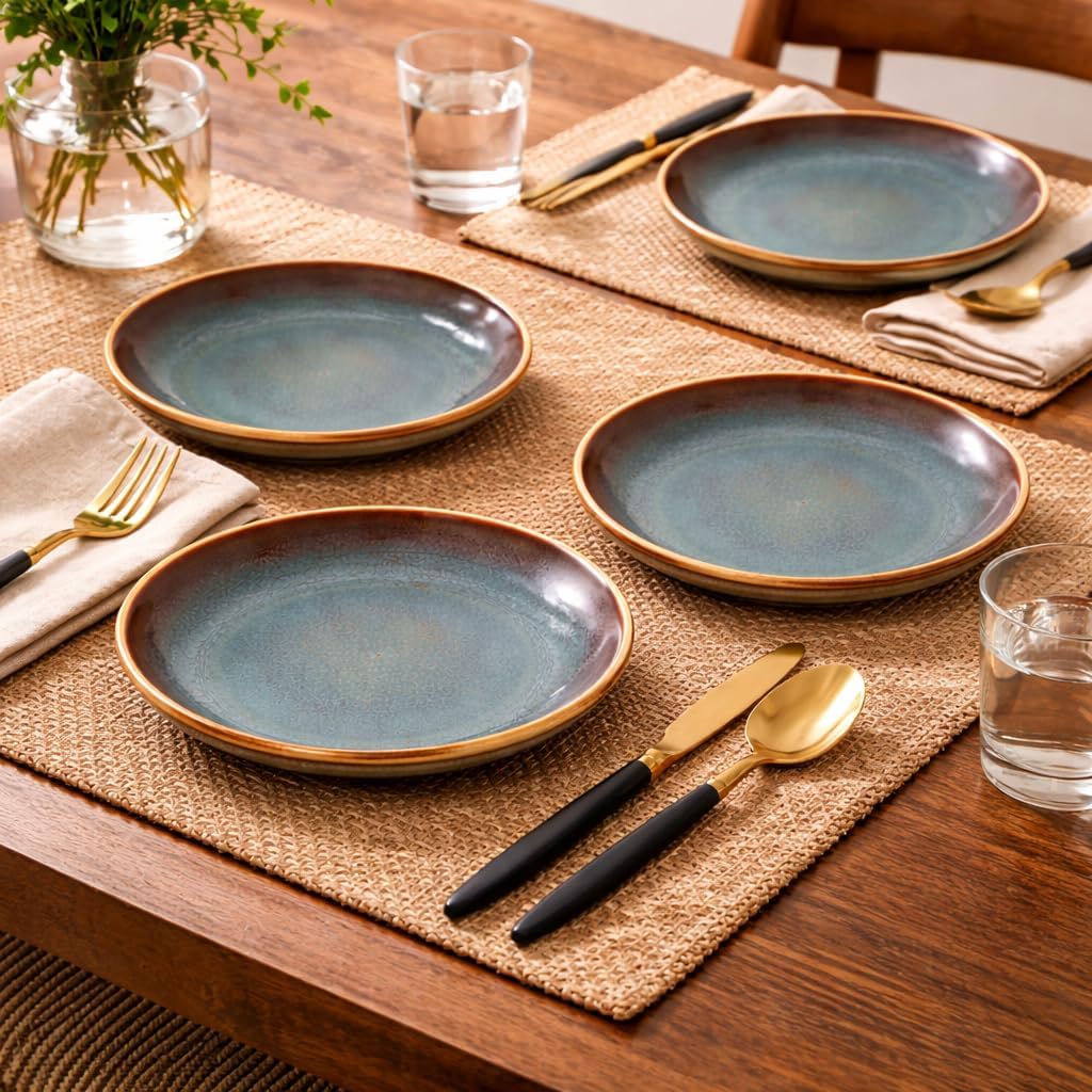 Kunhar Ceramic Dessert & Snack Plates Set of 4, 7 Inch | Ocean Teal Reactive Glaze with Brown Rim | Premium Stoneware | Microwave & Dishwasher Safe | Small Plates for Snacks, Salad & Breakfast - Image 5
