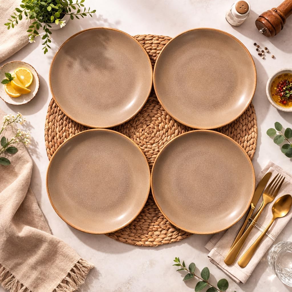 Kunhar Ceramic Dinner Plates Set of 4, 7 Inch | Rustic Ivory Speckled Finish with Brown Rim | Premium Glazed Stoneware | Microwave & Dishwasher Safe | Dinner, Pasta & Salad Serving Plates - Image 4