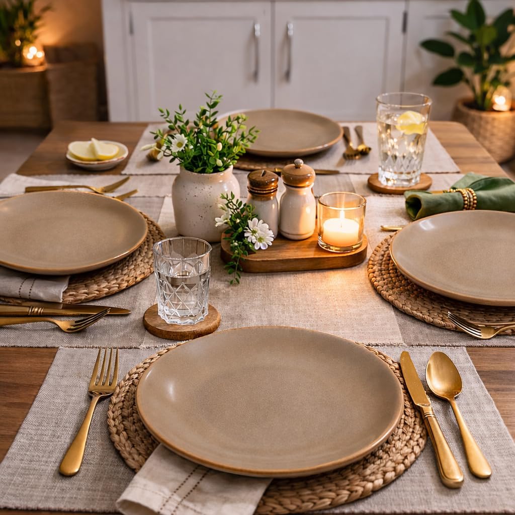 Kunhar Ceramic Dinner Plates Set of 4, 7 Inch | Rustic Ivory Speckled Finish with Brown Rim | Premium Glazed Stoneware | Microwave & Dishwasher Safe | Dinner, Pasta & Salad Serving Plates - Image 3