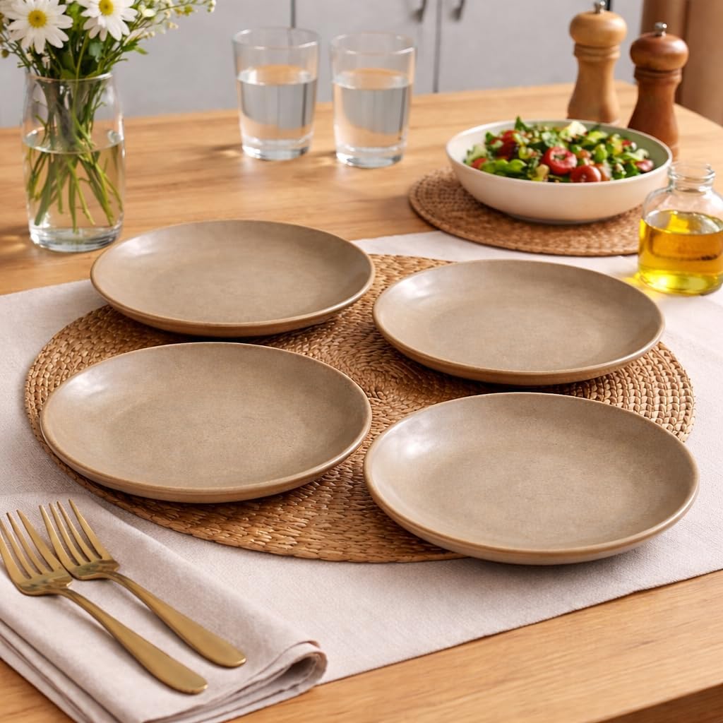 Kunhar Ceramic Dinner Plates Set of 4, 7 Inch | Rustic Ivory Speckled Finish with Brown Rim | Premium Glazed Stoneware | Microwave & Dishwasher Safe | Dinner, Pasta & Salad Serving Plates - Image 5
