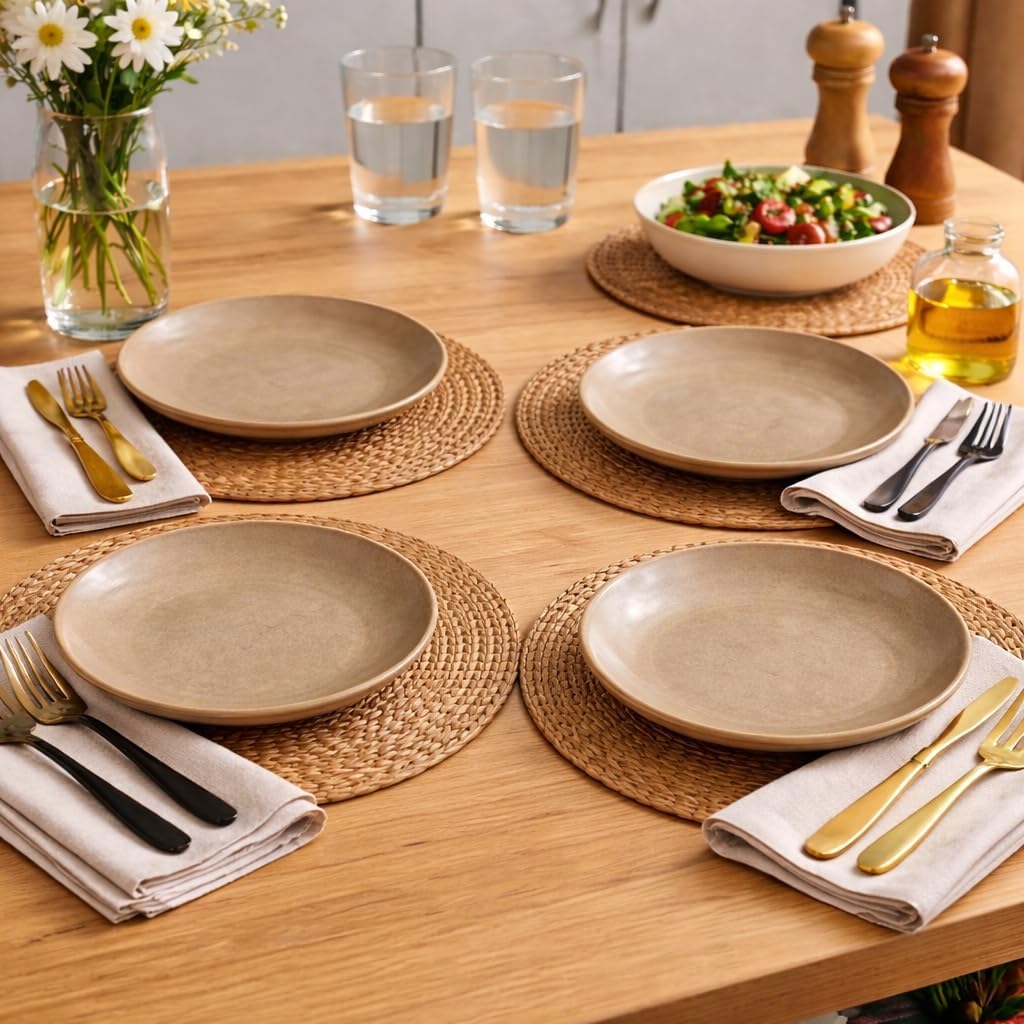 Kunhar Ceramic Dinner Plates Set of 4, 7 Inch | Rustic Ivory Speckled Finish with Brown Rim | Premium Glazed Stoneware | Microwave & Dishwasher Safe | Dinner, Pasta & Salad Serving Plates - Image 6