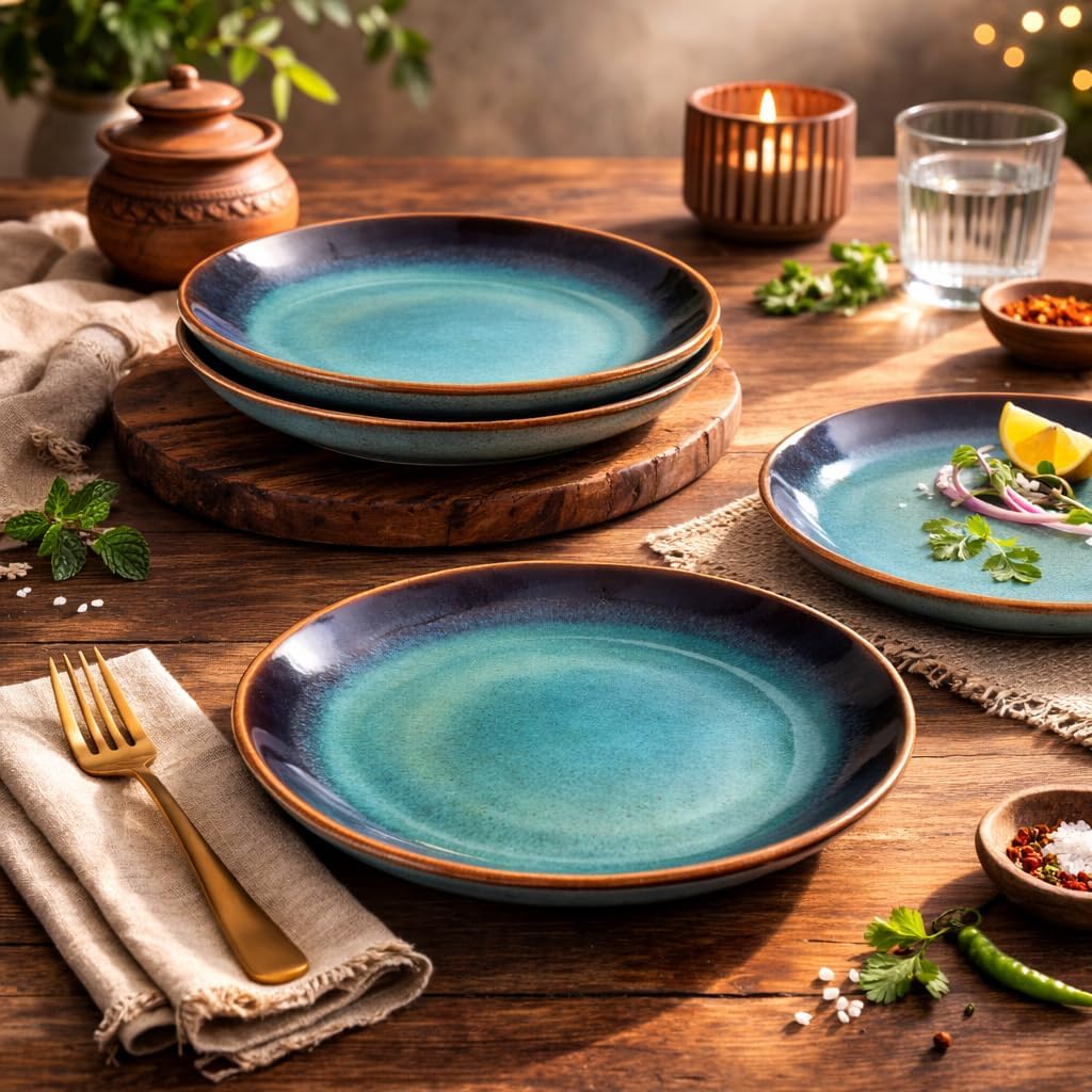 Kunhar Ceramic Dinner Plates Set of 4, 7 Inch | Blue Green Rustic Glaze with Dark Brown Rim | Premium Stoneware | Microwave & Dishwasher Safe | Serving Plates for Dinner, Pasta & Salad - Image 4