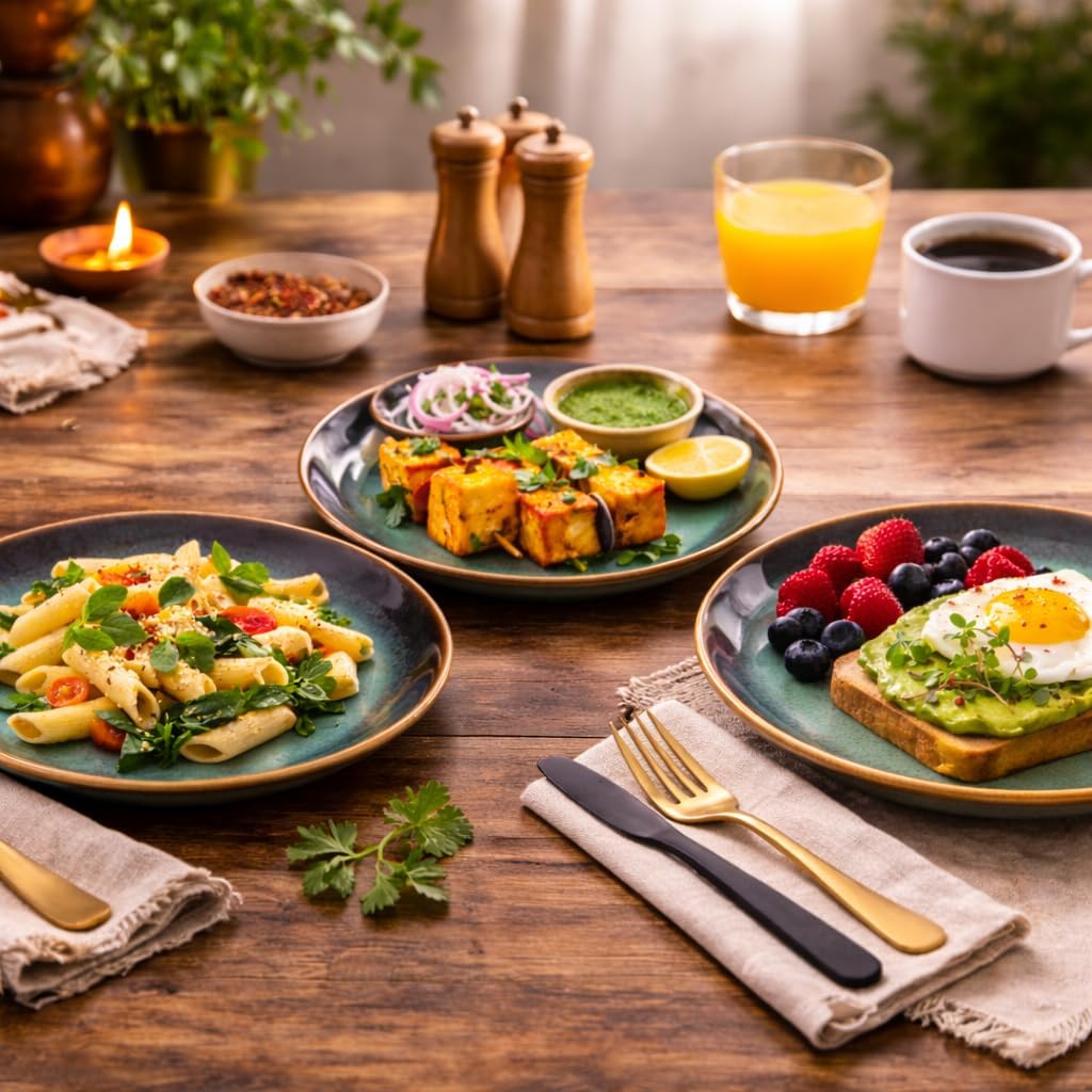 Kunhar Ceramic Dinner Plates Set of 4, 7 Inch | Blue Green Rustic Glaze with Dark Brown Rim | Premium Stoneware | Microwave & Dishwasher Safe | Serving Plates for Dinner, Pasta & Salad - Image 5