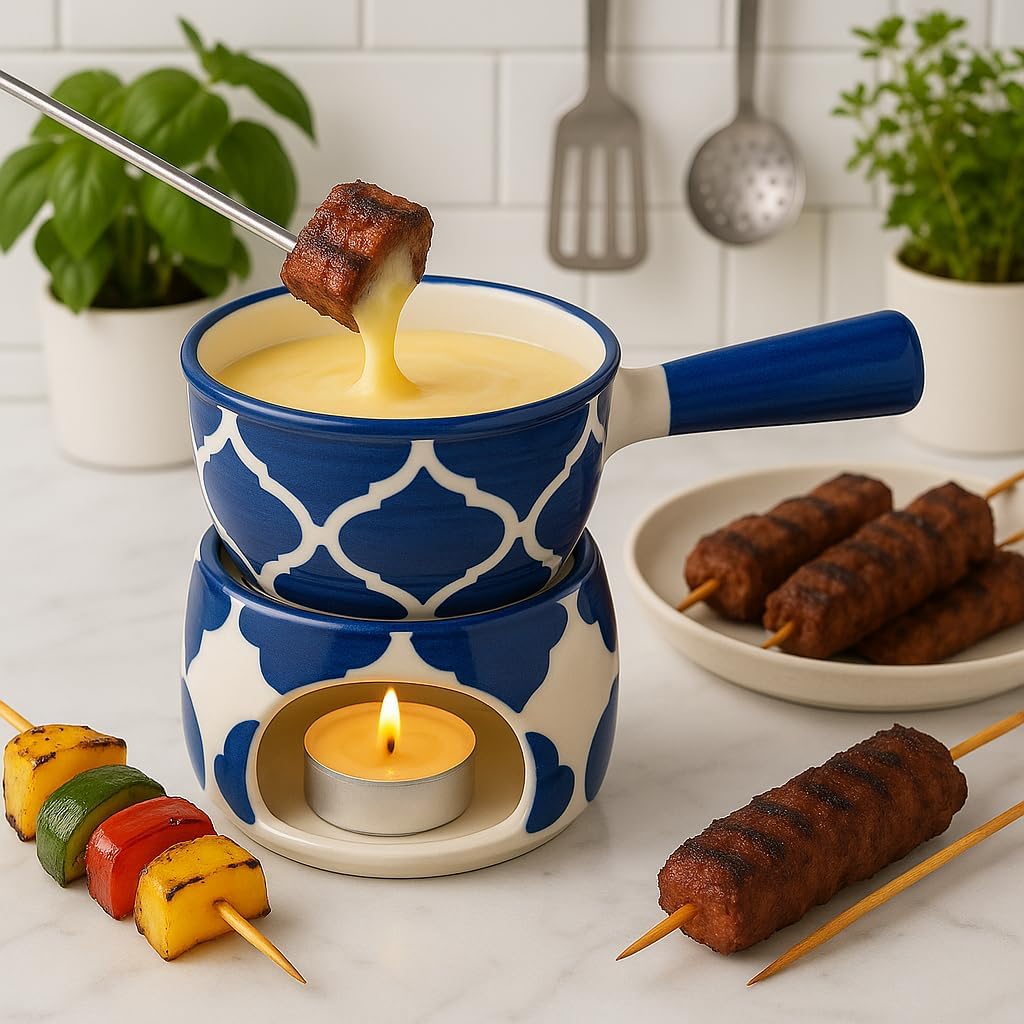 KunhaR Ceramic Fondue Set with Tea Light, 2 Pieces (Blue) - Image 2