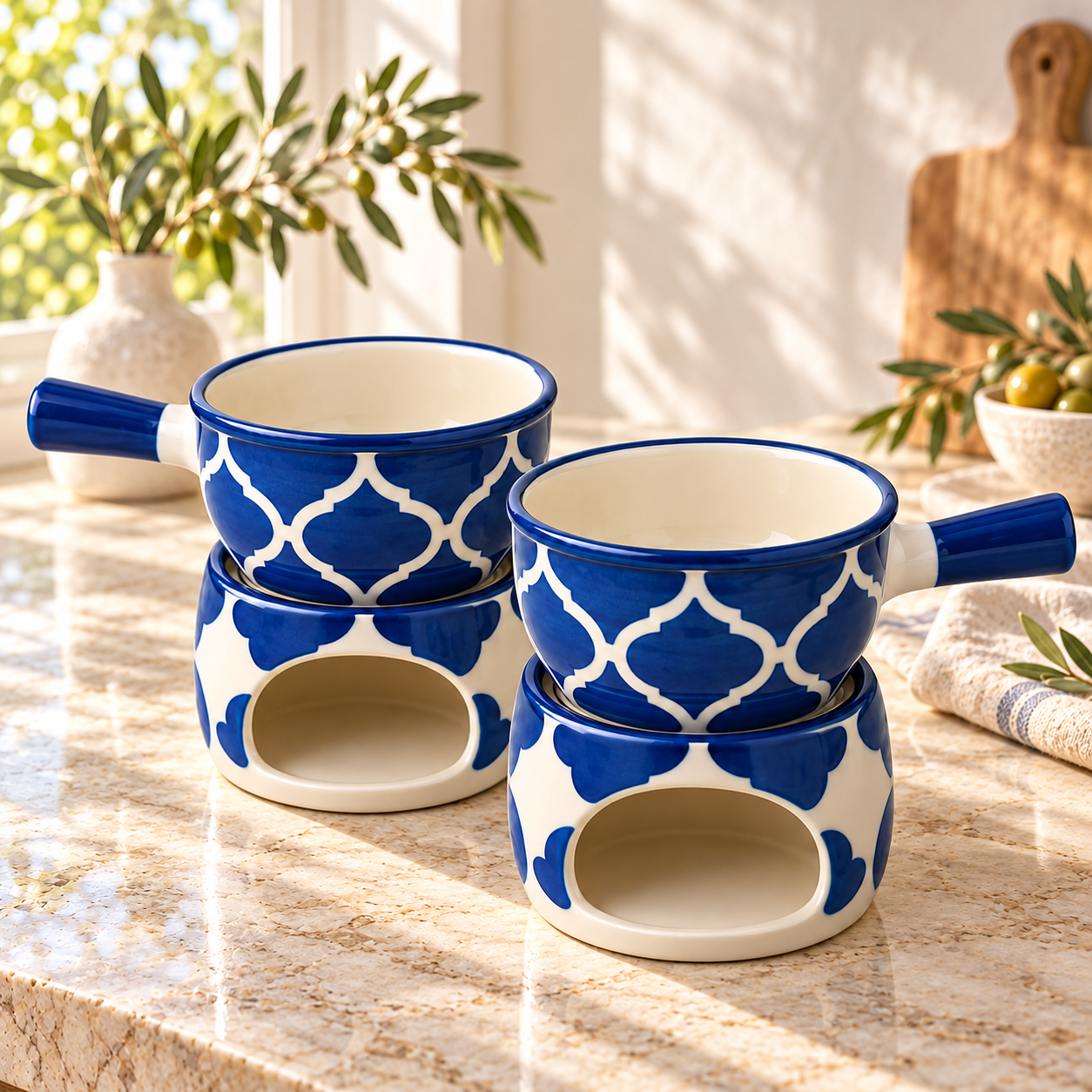 KunhaR Ceramic Fondue Set Pack of 2 with Tea Light Warmers | Two Ceramic Fondue Pots for Chocolate, Cheese & Dessert Dips | Blue
