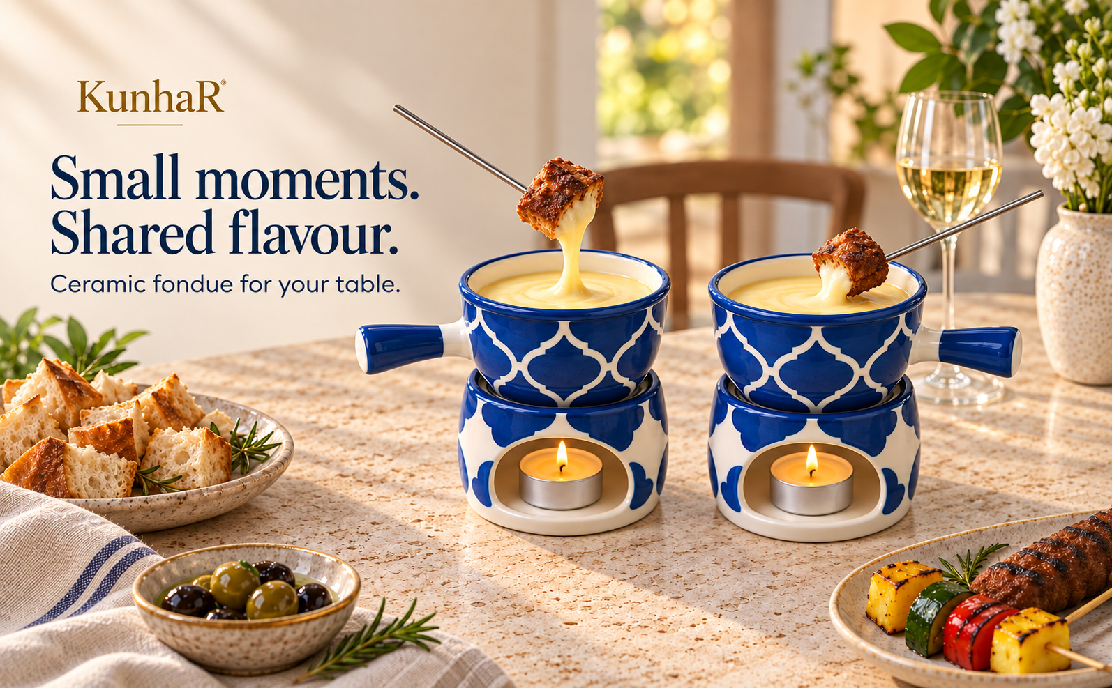 KunhaR Ceramic Fondue Set with Tea Light, 2 Pieces (Blue) — hero