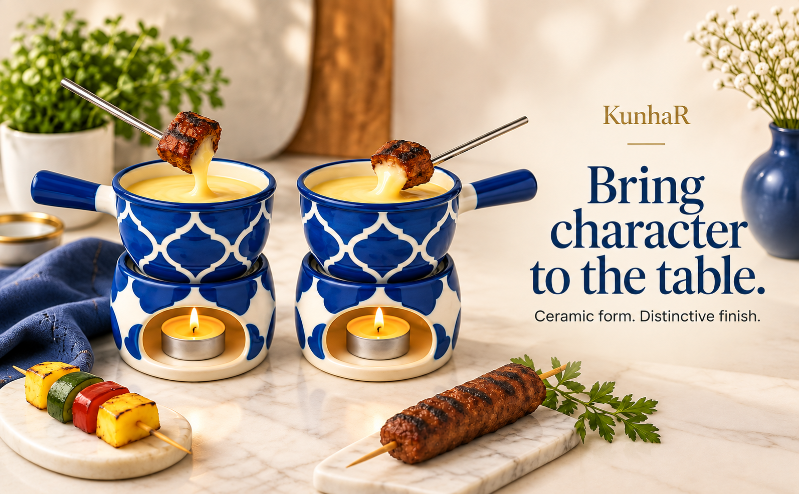 KunhaR Ceramic Fondue Set with Tea Light, 2 Pieces (Blue) — finish