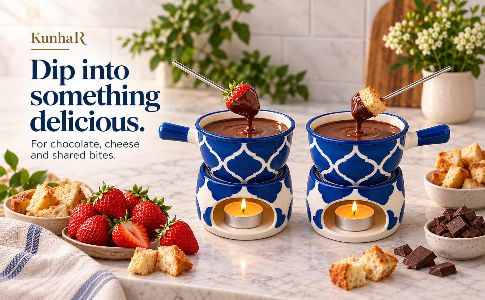 KunhaR Ceramic Fondue Set with Tea Light, 2 Pieces (Blue) — serve