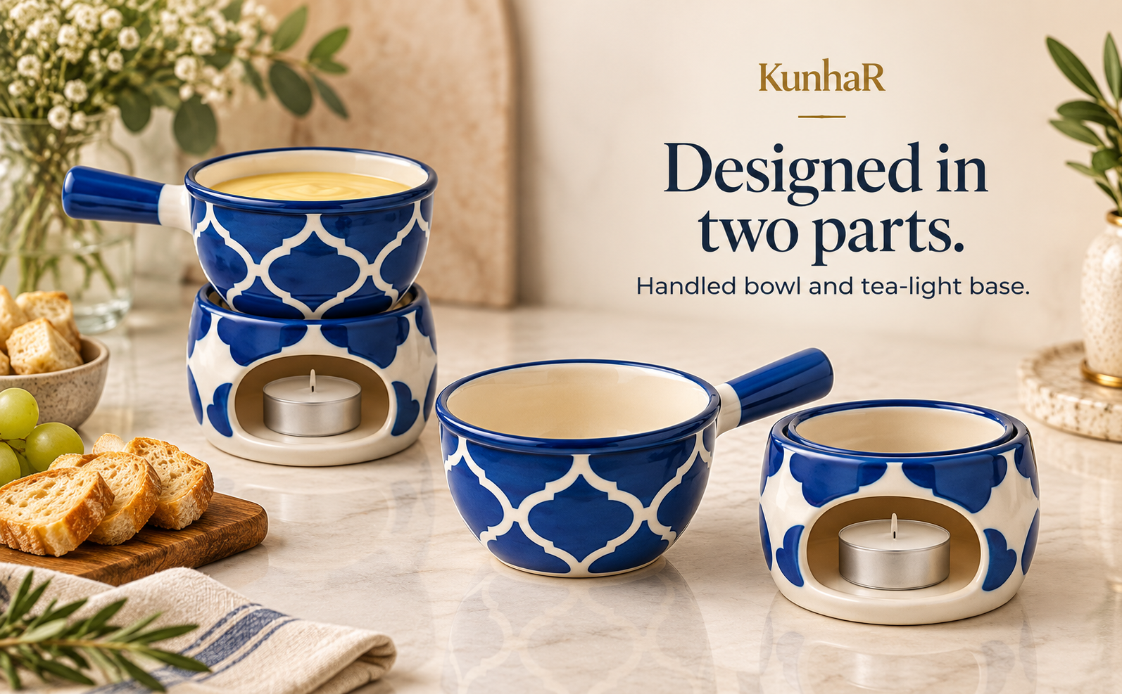 KunhaR Ceramic Fondue Set with Tea Light, 2 Pieces (Blue) — form