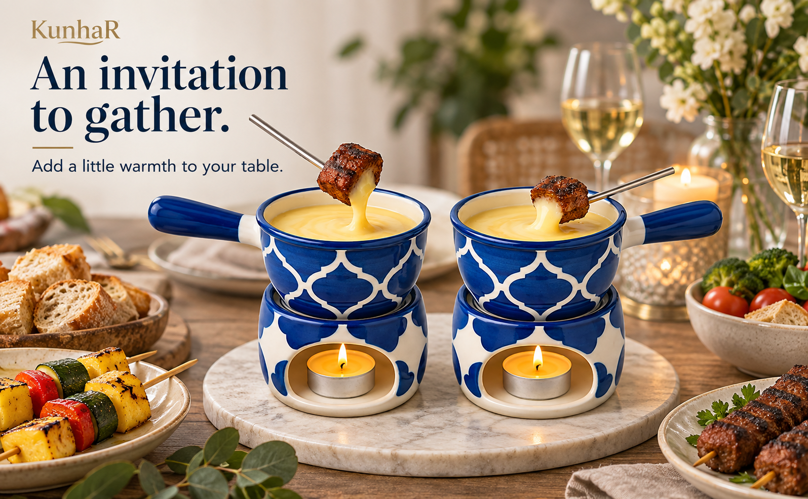 KunhaR Ceramic Fondue Set with Tea Light, 2 Pieces (Blue) — gather