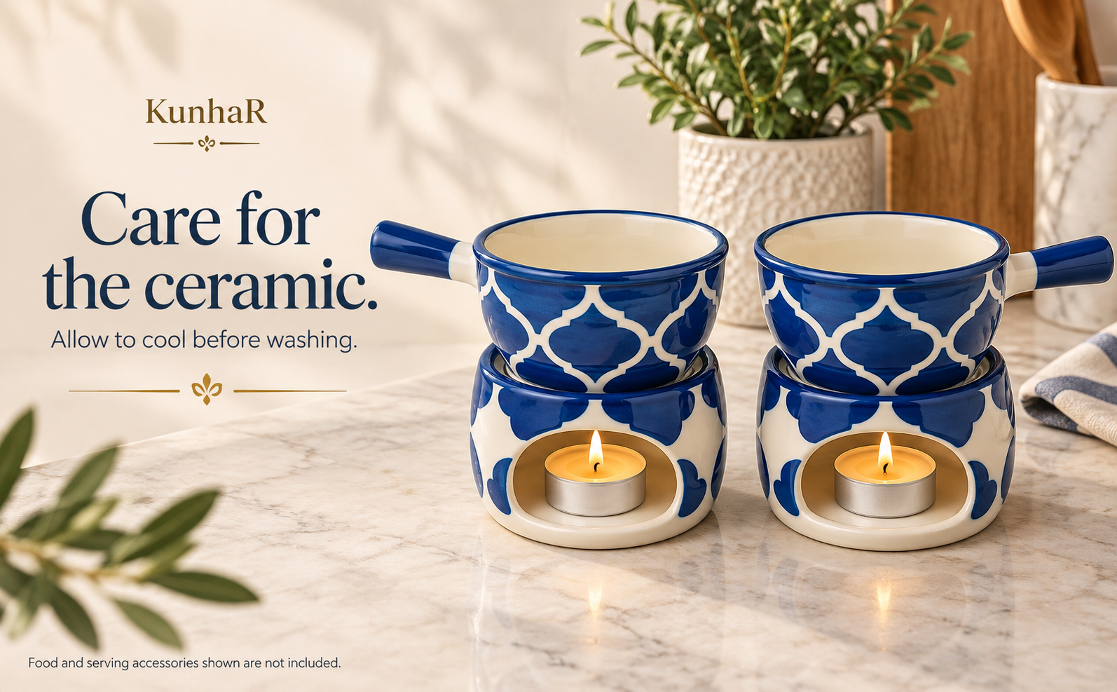 KunhaR Ceramic Fondue Set with Tea Light, 2 Pieces (Blue) — care