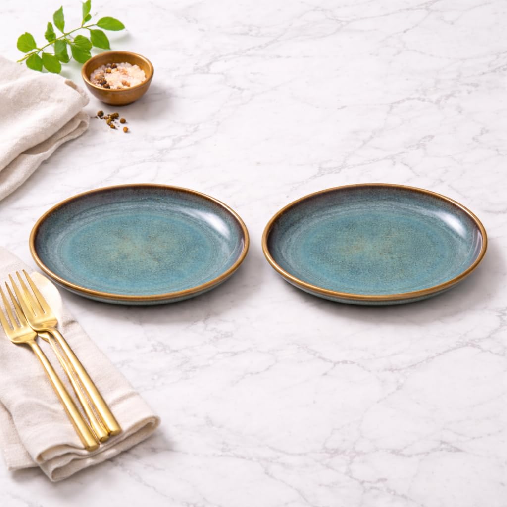Kunhar Ceramic Dinner Plates Set of 2, 10 Inch | Ocean Teal Reactive Glaze with Brown Rim | Premium Stoneware | Microwave & Dishwasher Safe | Serving Plates for Dinner, Pasta & Salad - Image 5