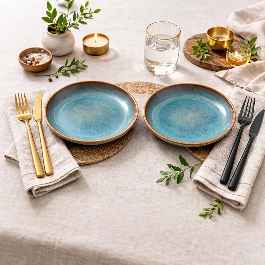 Kunhar Ceramic Dinner Plates Set of 2, 10 Inch | Ocean Teal Reactive Glaze with Brown Rim | Premium Stoneware | Microwave & Dishwasher Safe | Serving Plates for Dinner, Pasta & Salad - Image 6