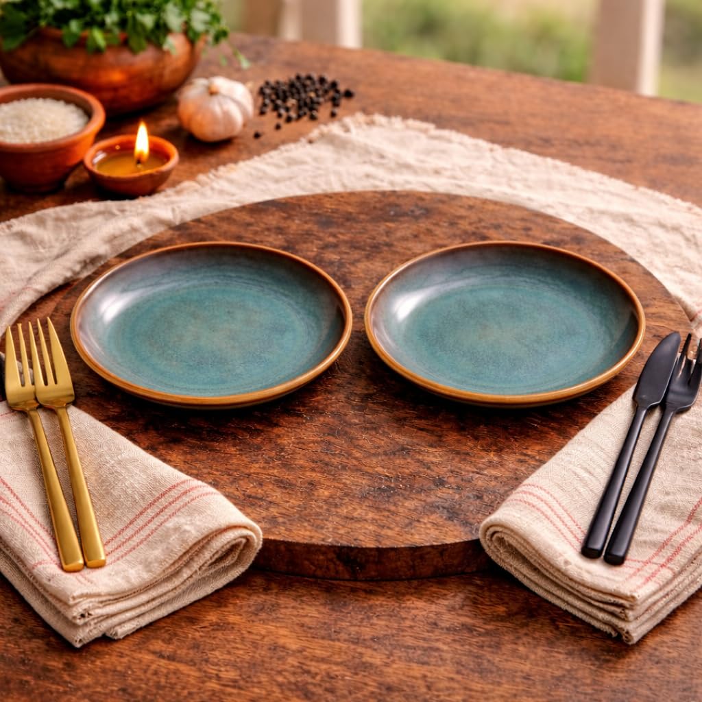 Kunhar Ceramic Dinner Plates Set of 2, 10 Inch | Ocean Teal Reactive Glaze with Brown Rim | Premium Stoneware | Microwave & Dishwasher Safe | Serving Plates for Dinner, Pasta & Salad - Image 7