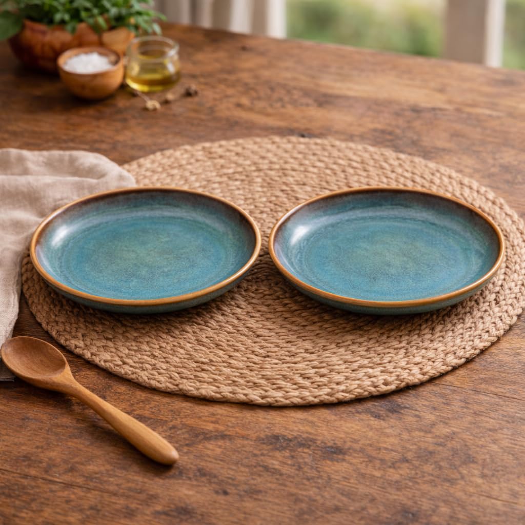 Kunhar Ceramic Dinner Plates Set of 2, 10 Inch | Ocean Teal Reactive Glaze with Brown Rim | Premium Stoneware | Microwave & Dishwasher Safe | Serving Plates for Dinner, Pasta & Salad - Image 2