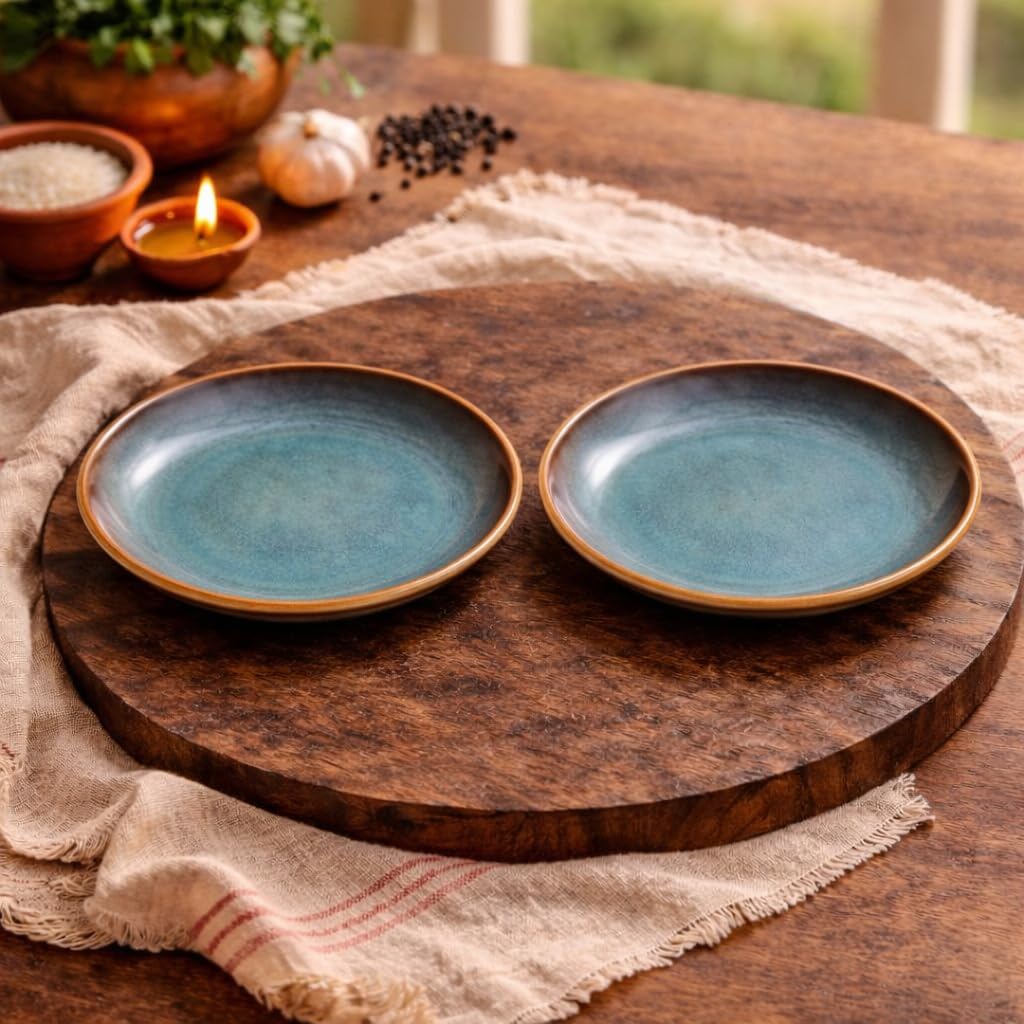 Kunhar Ceramic Dinner Plates Set of 2, 10 Inch | Ocean Teal Reactive Glaze with Brown Rim | Premium Stoneware | Microwave & Dishwasher Safe | Serving Plates for Dinner, Pasta & Salad - Image 4