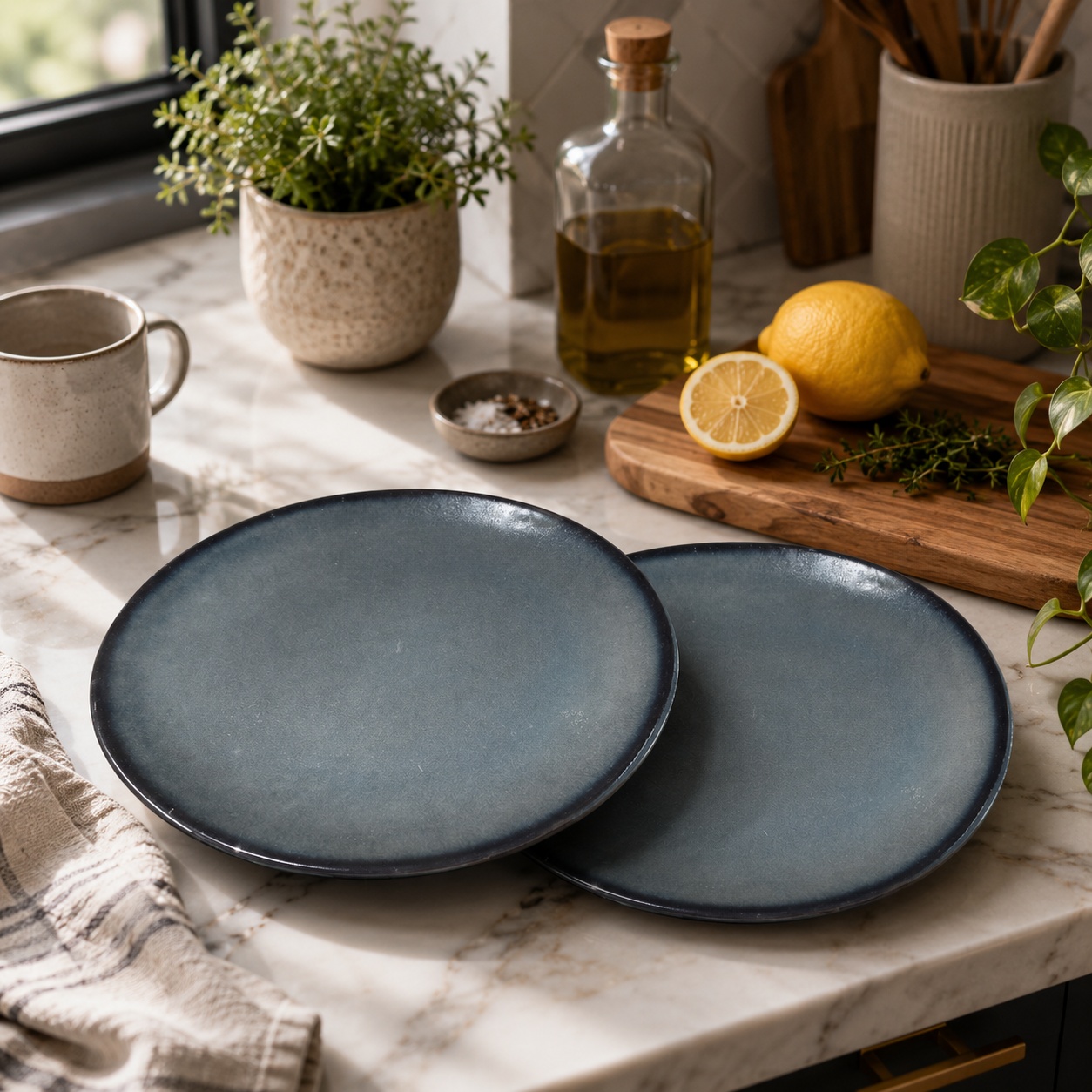 Kunhar Ceramic Dinner Plates Set of 2, 10 Inch | Ocean Teal Reactive Glaze with Brown Rim | Premium Stoneware | Microwave & Dishwasher Safe | Serving Plates for Dinner, Pasta & Salad - Image 5