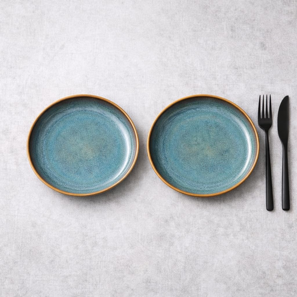 Kunhar Ceramic Dinner Plates Set of 2, 10 Inch | Ocean Teal Reactive Glaze with Brown Rim | Premium Stoneware | Microwave & Dishwasher Safe | Serving Plates for Dinner, Pasta & Salad - Image 6