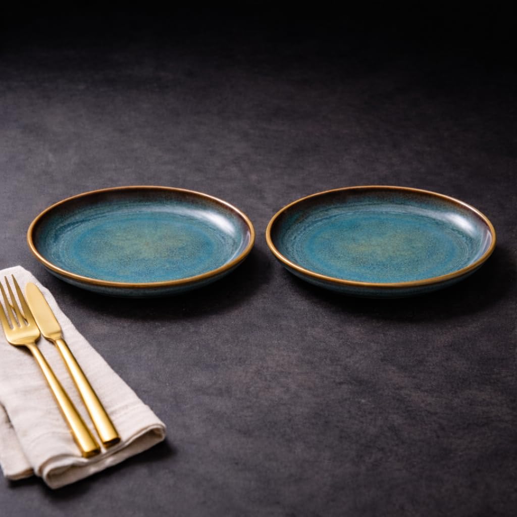 Kunhar Ceramic Dinner Plates Set of 2, 10 Inch | Ocean Teal Reactive Glaze with Brown Rim | Premium Stoneware | Microwave & Dishwasher Safe | Serving Plates for Dinner, Pasta & Salad - Image 8