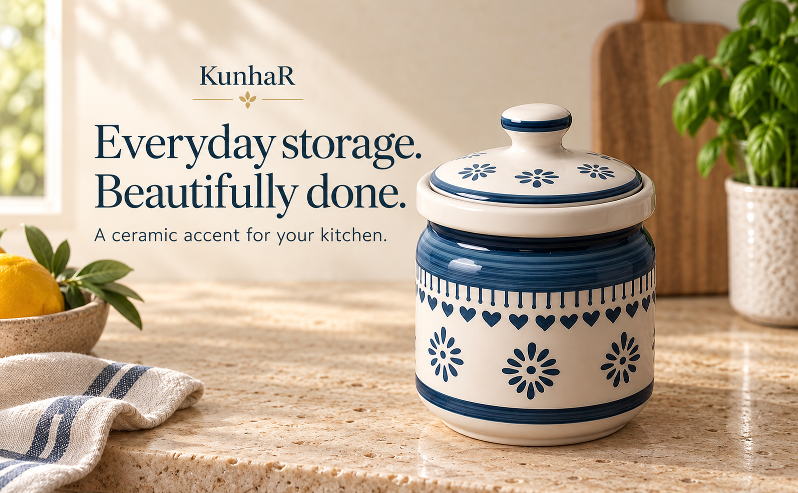 Kunhar Ceramic Storage Jar with Lid, Blue and White Floral Pattern, Traditional Handcrafted Kitchen Container for Pickles, Spices, Sugar, 1000 ML Capacity — hero