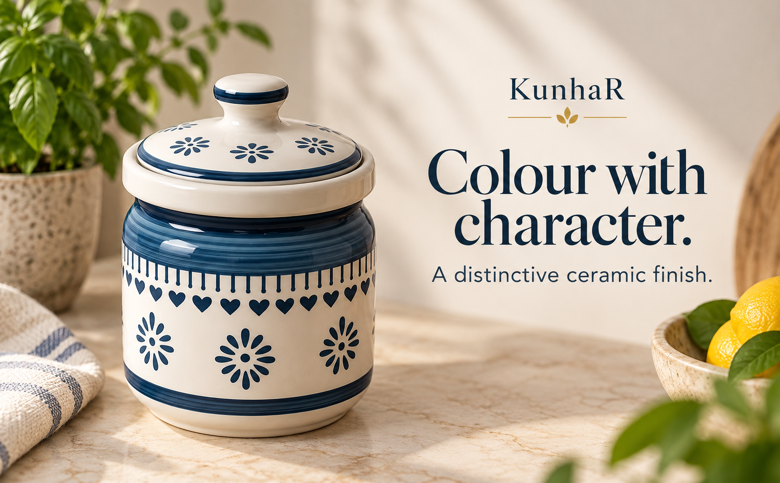 Kunhar Ceramic Storage Jar with Lid, Blue and White Floral Pattern, Traditional Handcrafted Kitchen Container for Pickles, Spices, Sugar, 1000 ML Capacity — finish