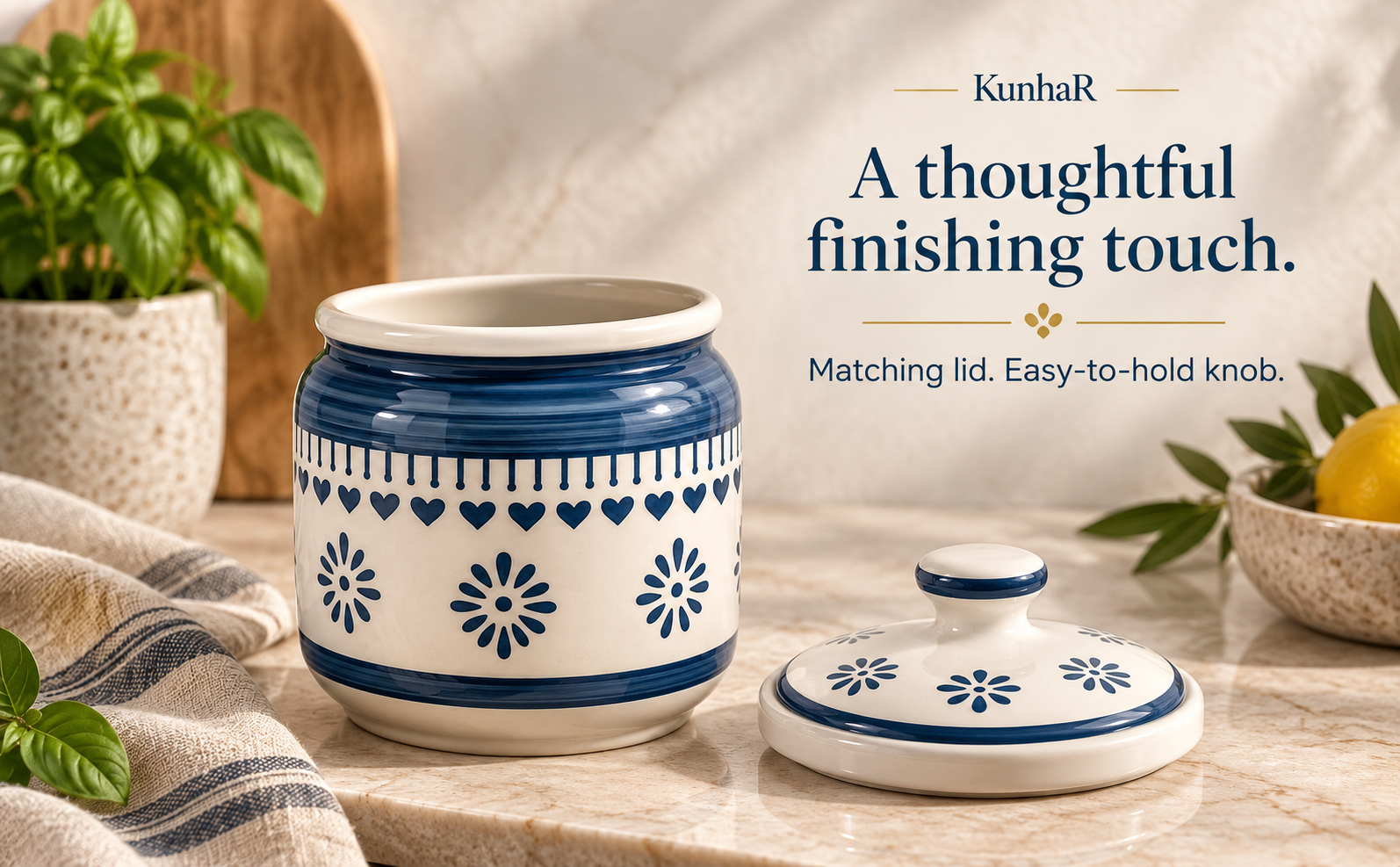 Kunhar Ceramic Storage Jar with Lid, Blue and White Floral Pattern, Traditional Handcrafted Kitchen Container for Pickles, Spices, Sugar, 1000 ML Capacity — form