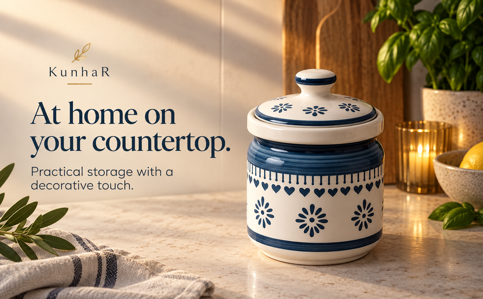 Kunhar Ceramic Storage Jar with Lid, Blue and White Floral Pattern, Traditional Handcrafted Kitchen Container for Pickles, Spices, Sugar, 1000 ML Capacity — home