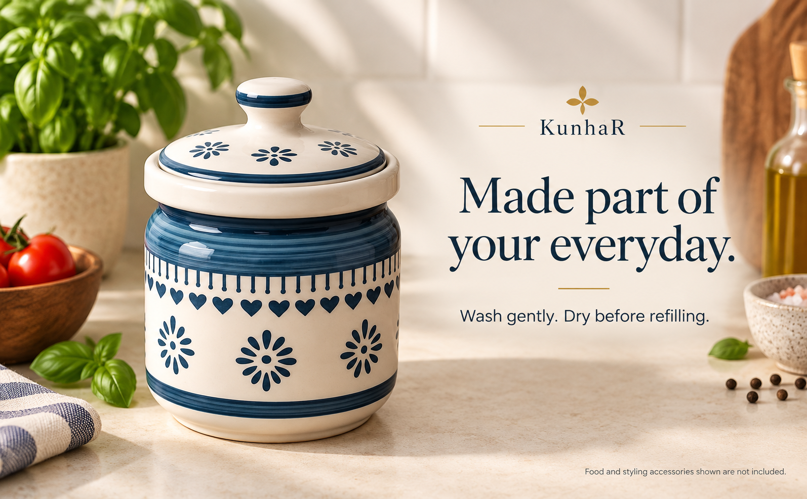 Kunhar Ceramic Storage Jar with Lid, Blue and White Floral Pattern, Traditional Handcrafted Kitchen Container for Pickles, Spices, Sugar, 1000 ML Capacity — care
