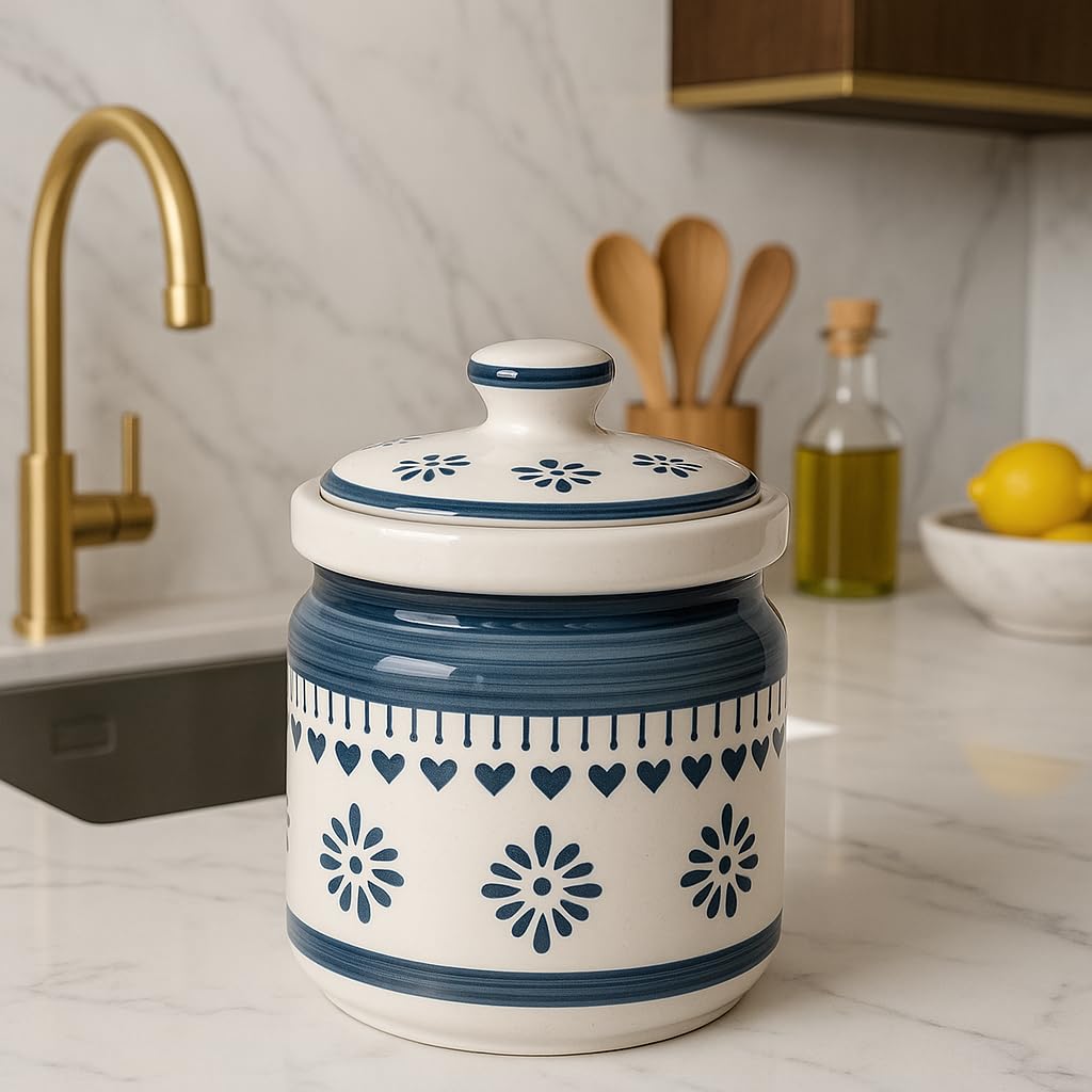 Kunhar Ceramic Storage Jar with Lid, Blue and White Floral Pattern, Traditional Handcrafted Kitchen Container for Pickles, Spices, Sugar, 1000 ML Capacity - Image 2