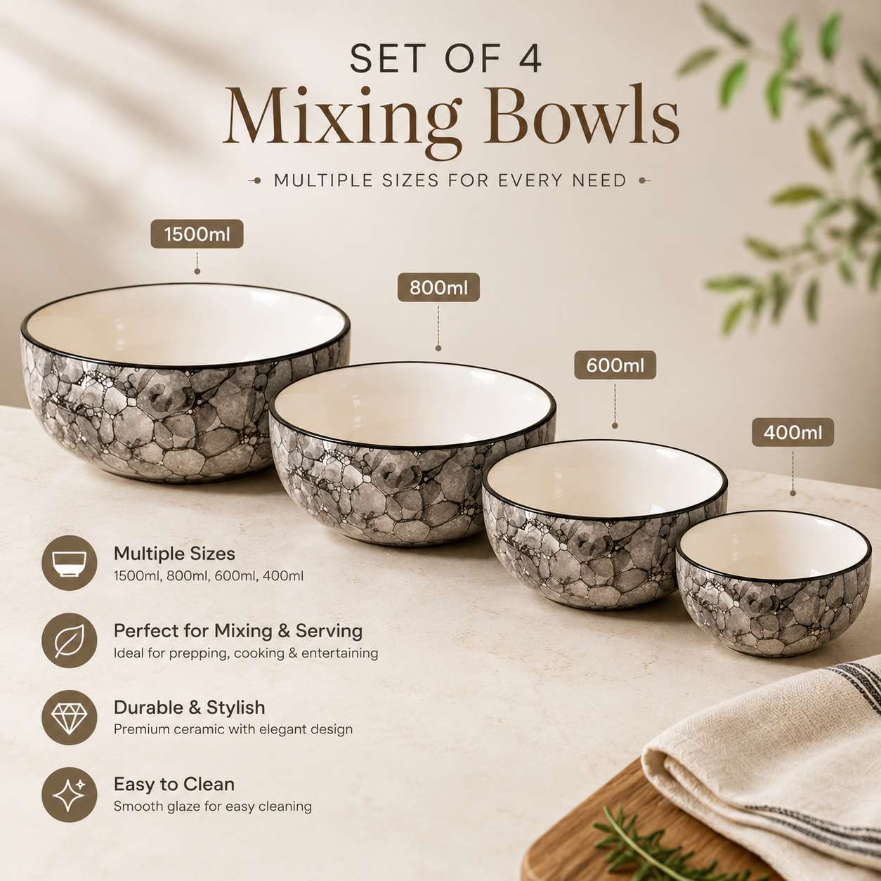 Oncilla Ceramic Mixing Bowl Set – 4 Pieces (1500ml, 800ml, 600ml, 400ml), Black Luster – Durable, Microwave & Dishwasher Safe – Ideal for Mixing, Serving & Storage - Image 7