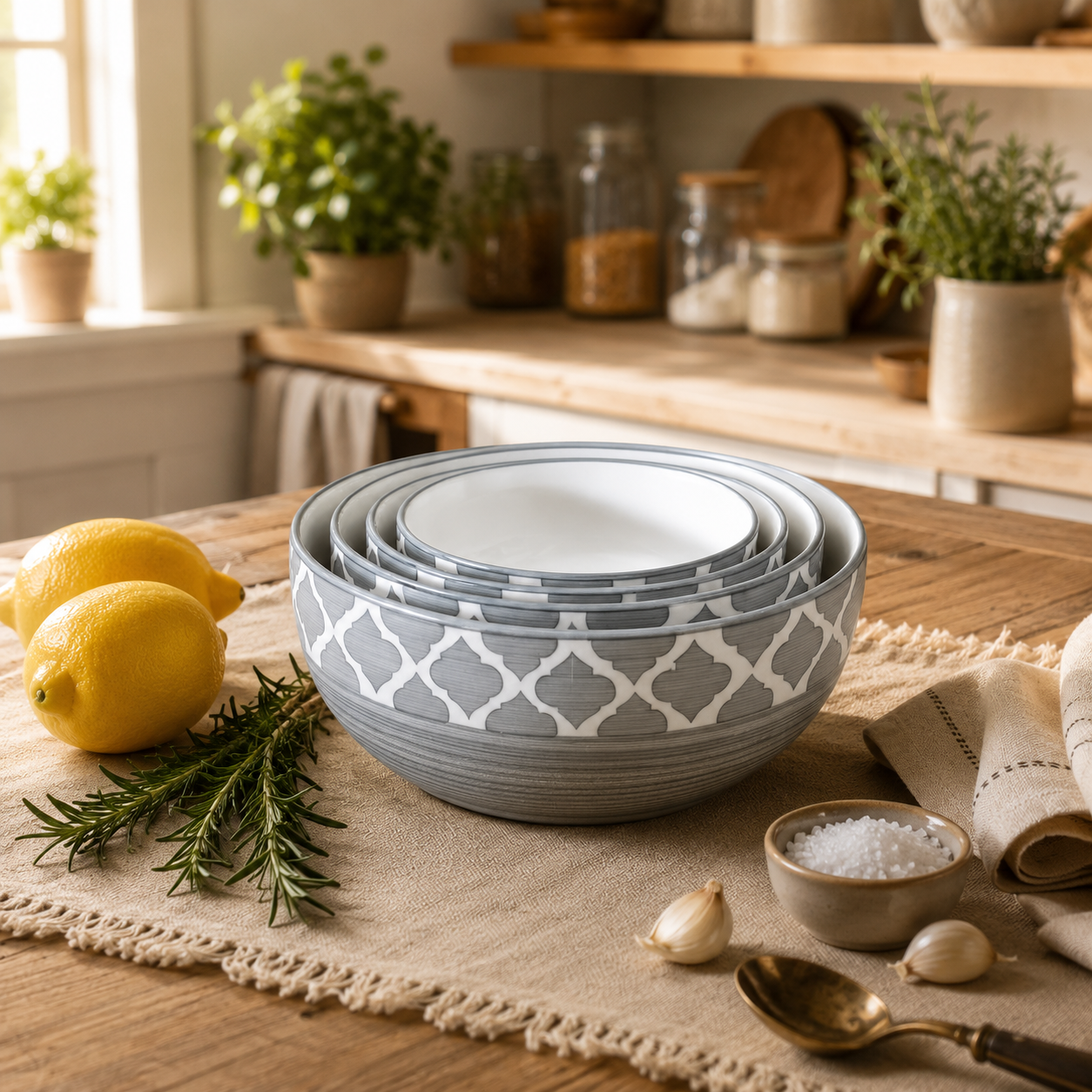 Oncilla Ceramic Mixing Bowl Set – 4 Pieces (1500ml, 800ml, 600ml, 400ml), Gray Umrao – Durable, Microwave & Dishwasher Safe – Ideal for Mixing, Serving & Storage