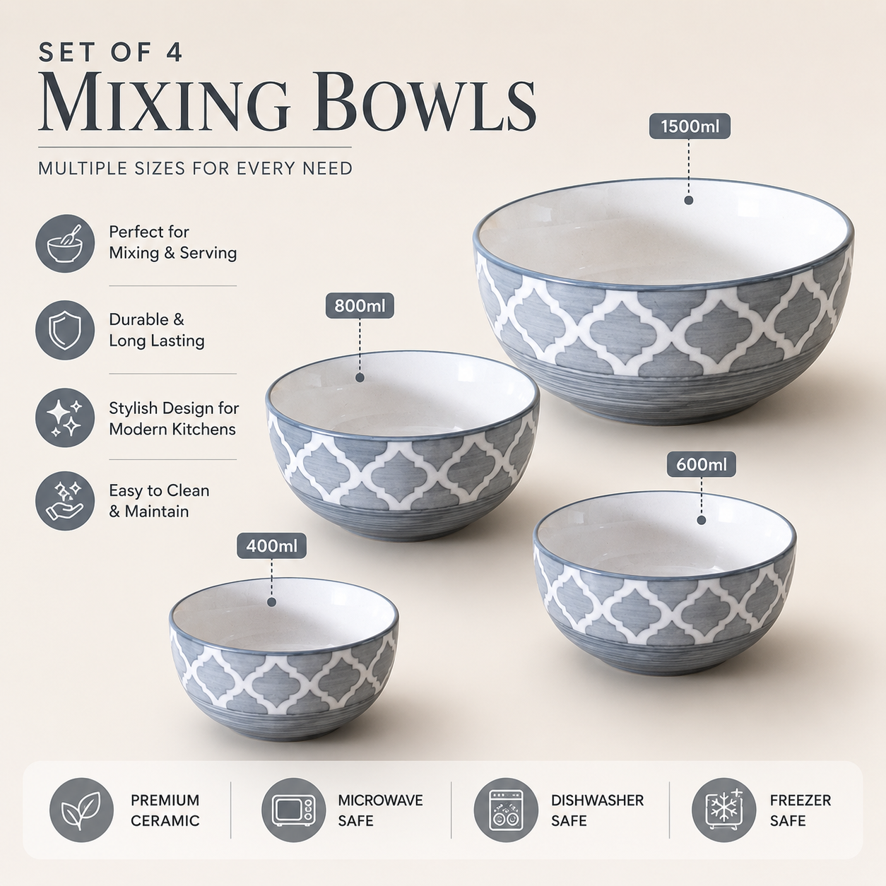 Oncilla Ceramic Mixing Bowl Set – 4 Pieces (1500ml, 800ml, 600ml, 400ml), Gray Umrao – Durable, Microwave & Dishwasher Safe – Ideal for Mixing, Serving & Storage - Image 7