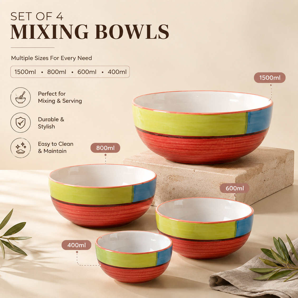 Oncilla Ceramic Mixing Bowl Set – 4 Pieces (1500ml, 800ml, 600ml, 400ml), Red – Durable, Microwave & Dishwasher Safe – Ideal for Mixing, Serving & Storage - Image 8