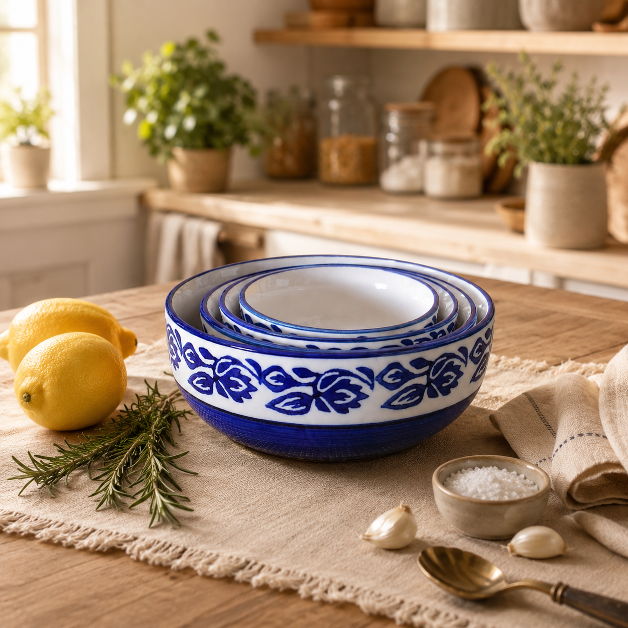 Oncilla Ceramic Mixing Bowl Set – 4 Pieces (1500ml, 800ml, 600ml, 400ml), Blue Vine – Durable, Microwave & Dishwasher Safe – Ideal for Mixing, Serving & Storage
