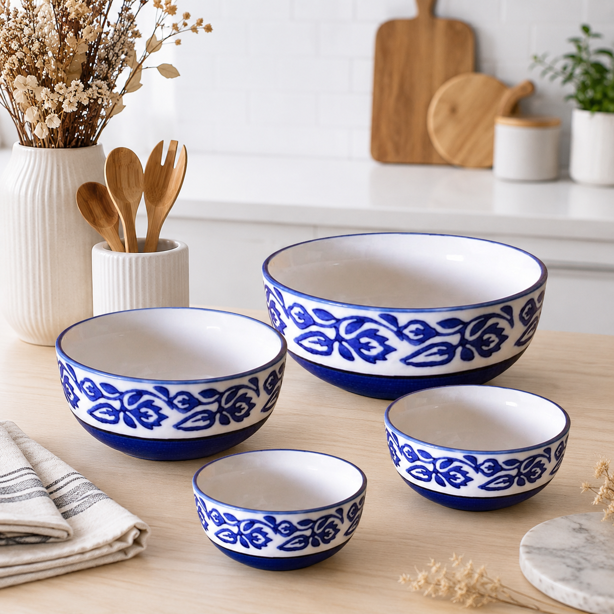 Oncilla Ceramic Mixing Bowl Set – 4 Pieces (1500ml, 800ml, 600ml, 400ml), Blue Vine – Durable, Microwave & Dishwasher Safe – Ideal for Mixing, Serving & Storage - Image 2