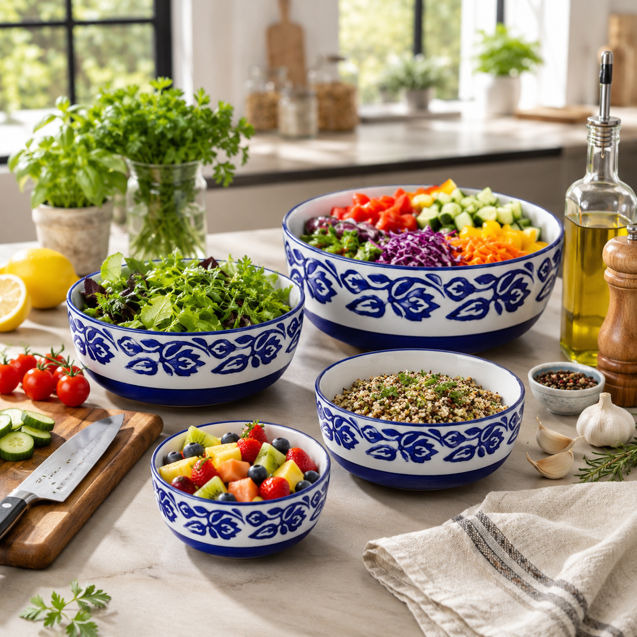 Oncilla Ceramic Mixing Bowl Set – 4 Pieces (1500ml, 800ml, 600ml, 400ml), Blue Vine – Durable, Microwave & Dishwasher Safe – Ideal for Mixing, Serving & Storage - Image 5