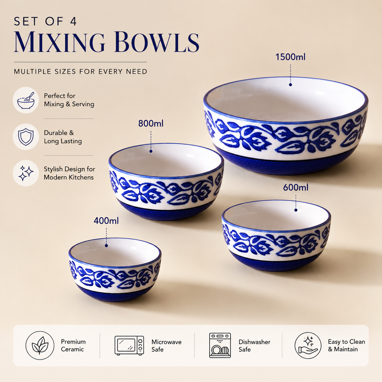 Oncilla Ceramic Mixing Bowl Set – 4 Pieces (1500ml, 800ml, 600ml, 400ml), Blue Vine – Durable, Microwave & Dishwasher Safe – Ideal for Mixing, Serving & Storage - Image 8