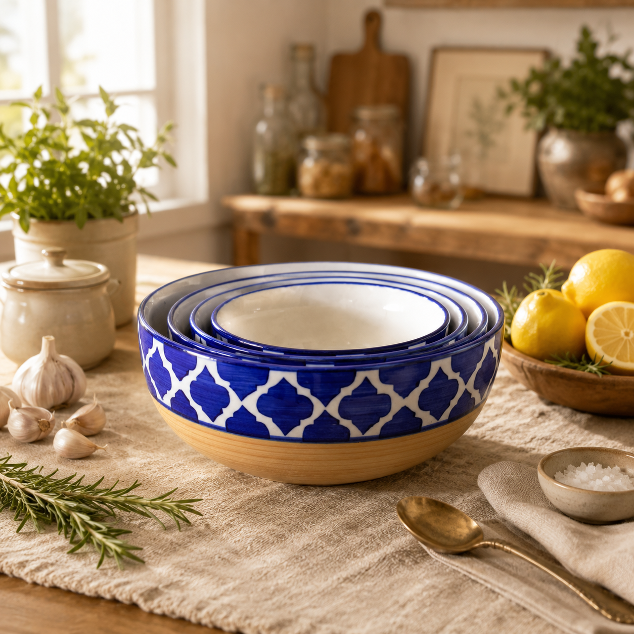 Oncilla Ceramic Mixing Bowl Set – 4 Pieces (1500ml, 800ml, 600ml, 400ml), Yellow Blue Chidi – Durable, Microwave & Dishwasher Safe – Ideal for Mixing, Serving & Storage