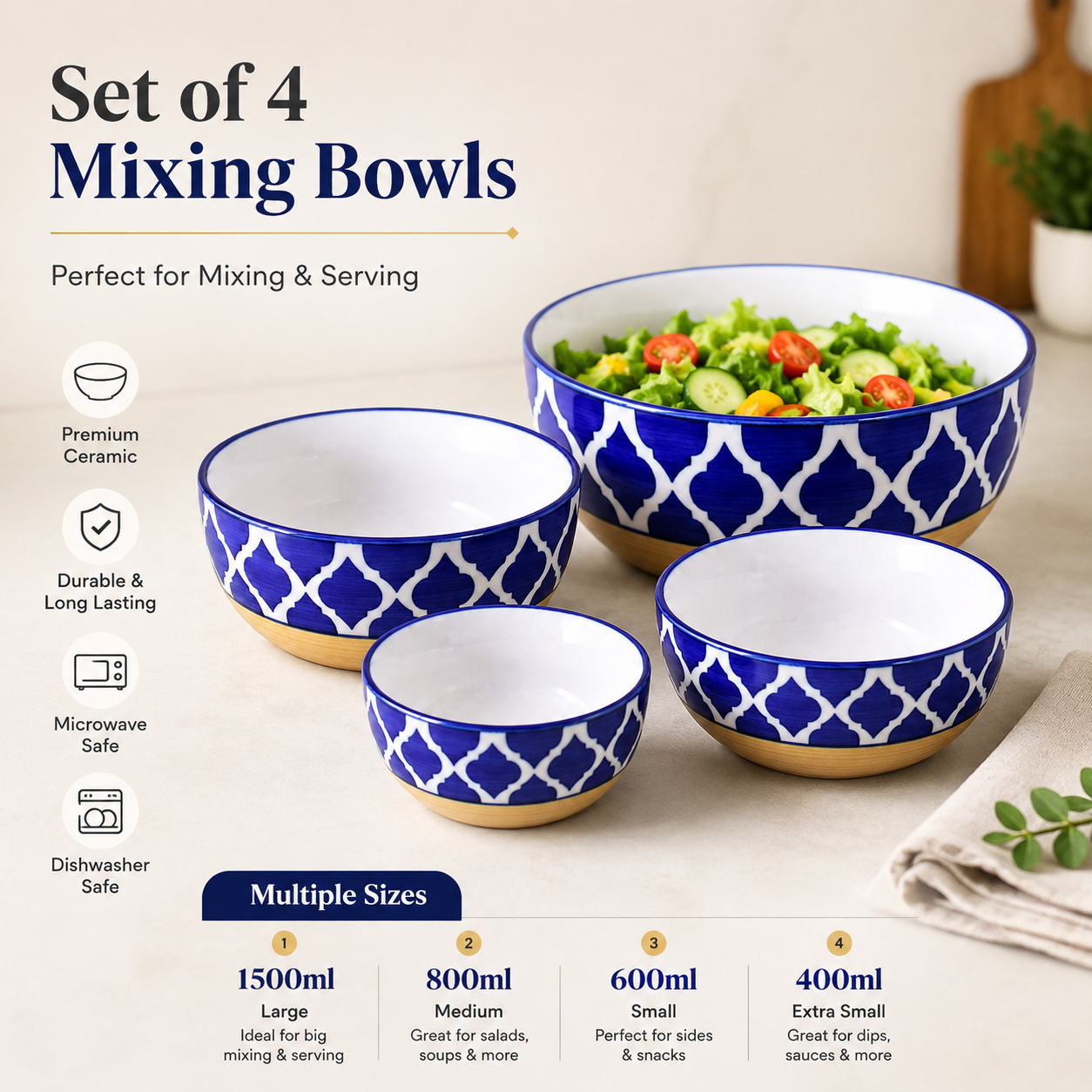 Oncilla Ceramic Mixing Bowl Set – 4 Pieces (1500ml, 800ml, 600ml, 400ml), Yellow Blue Chidi – Durable, Microwave & Dishwasher Safe – Ideal for Mixing, Serving & Storage - Image 6