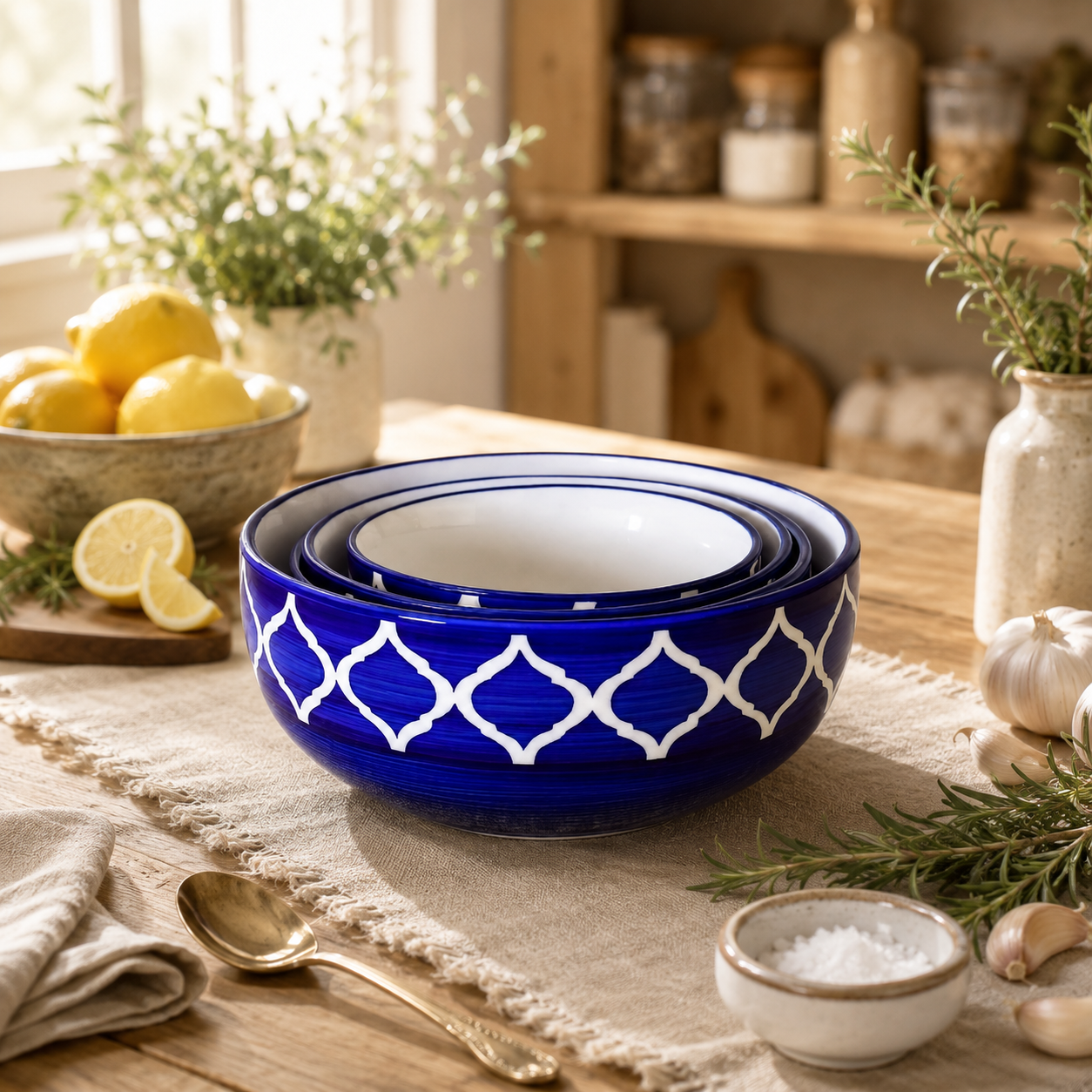 Oncilla Ceramic Mixing Bowl Set – 4 Pieces (1500ml, 800ml, 600ml, 400ml), Blue Umrao – Durable, Microwave & Dishwasher Safe – Ideal for Mixing, Serving & Storage
