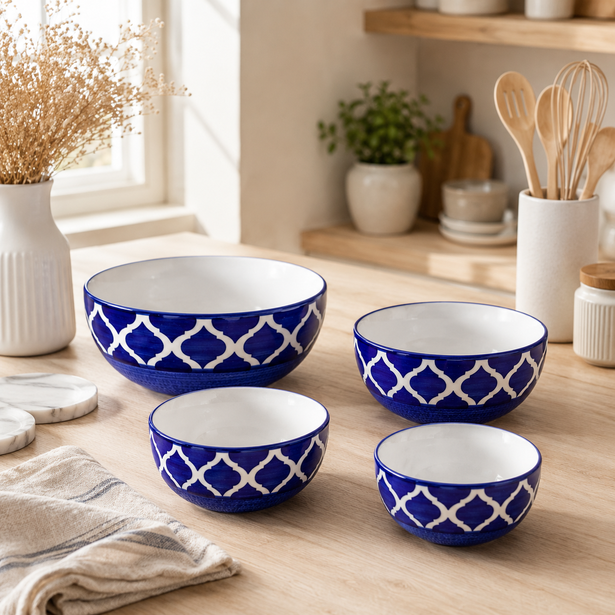 Oncilla Ceramic Mixing Bowl Set – 4 Pieces (1500ml, 800ml, 600ml, 400ml), Blue Umrao – Durable, Microwave & Dishwasher Safe – Ideal for Mixing, Serving & Storage - Image 2